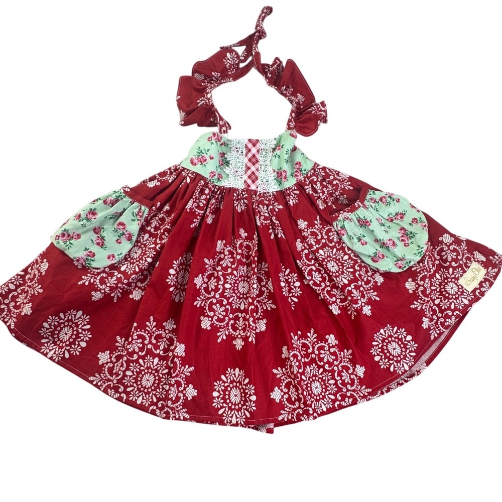The Sassy Chic Boutique Girls Red Floral Medallion Halter Dress‎ 18M 2T Mixed